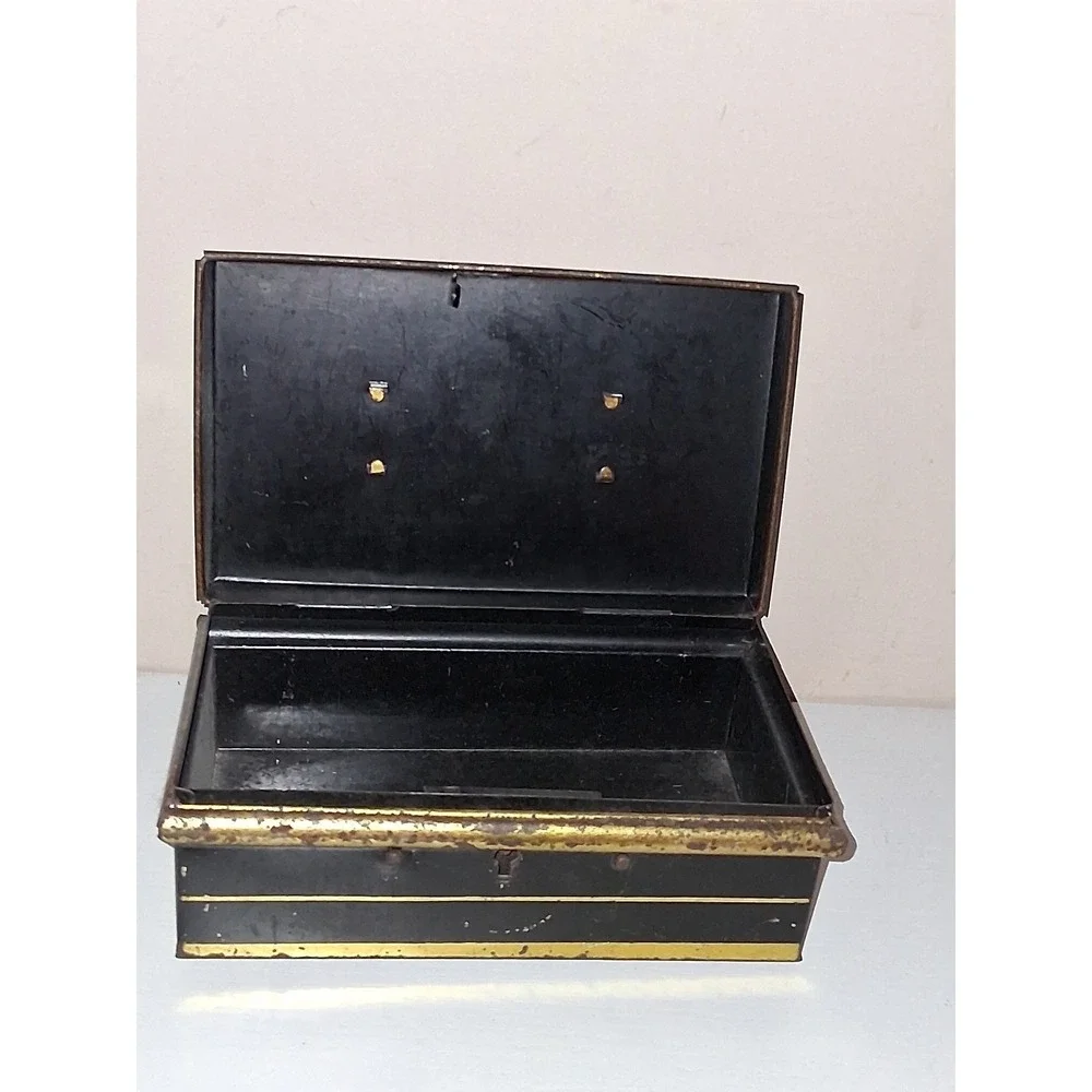 Vintage Antique English Made Tin Document Box Cash Box Black Gold Tole Style